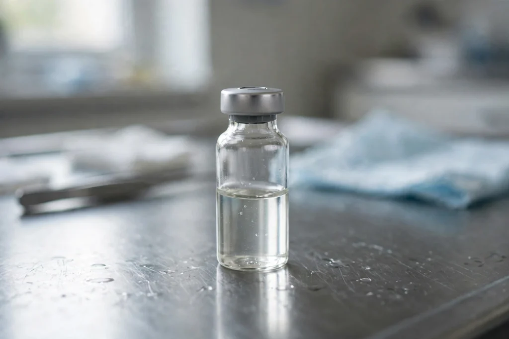 Close-up of a veterinary injection vial on an examination table