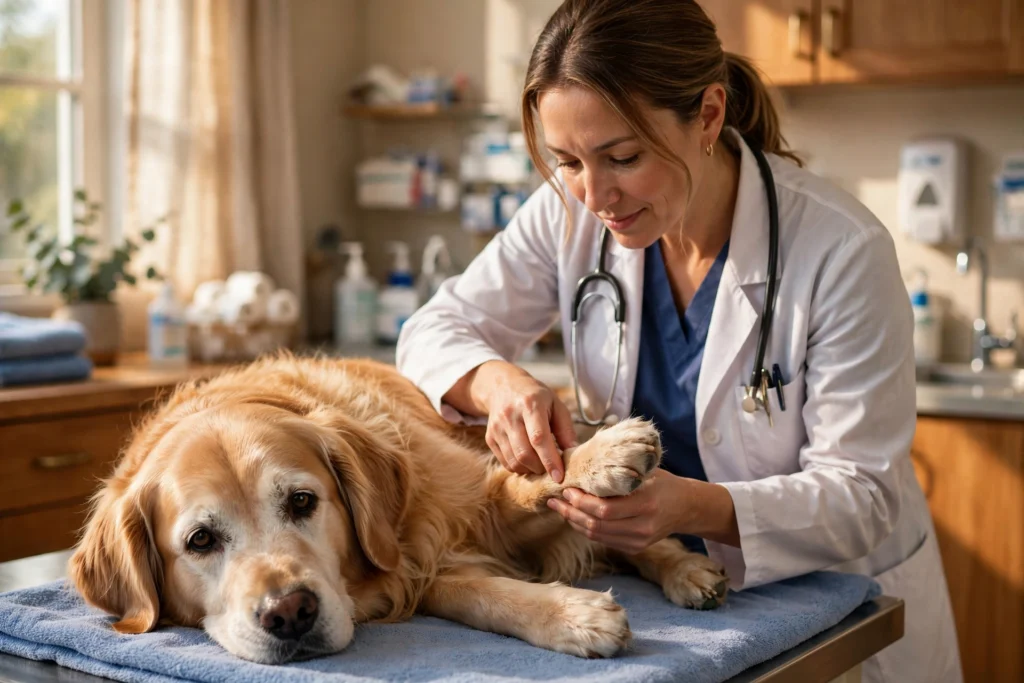 Veterinarian examining a senior dog's leg joint during a clinic visit