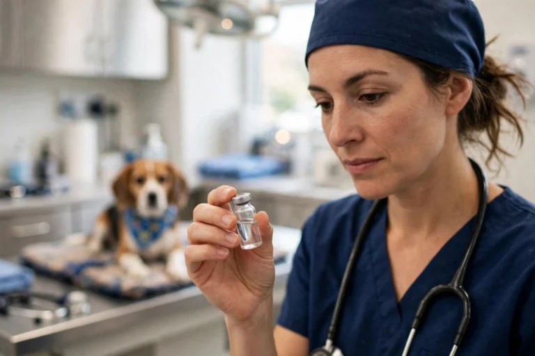 Veterinarian holding a small glass vial of injectable joint medication for a dog in a clinic