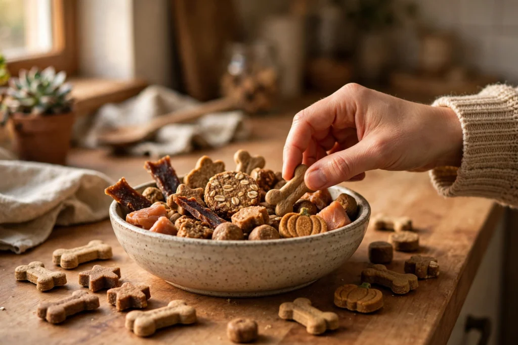 Dog treats in a bowl on a kitchen counter with a hand reaching for one