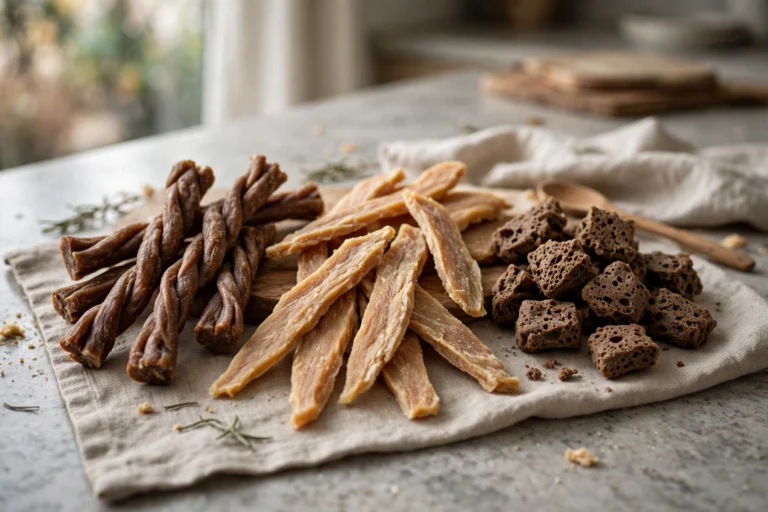 Assorted raw dog treats including beef chews, chicken breast strips and lamb lung pieces on a counter