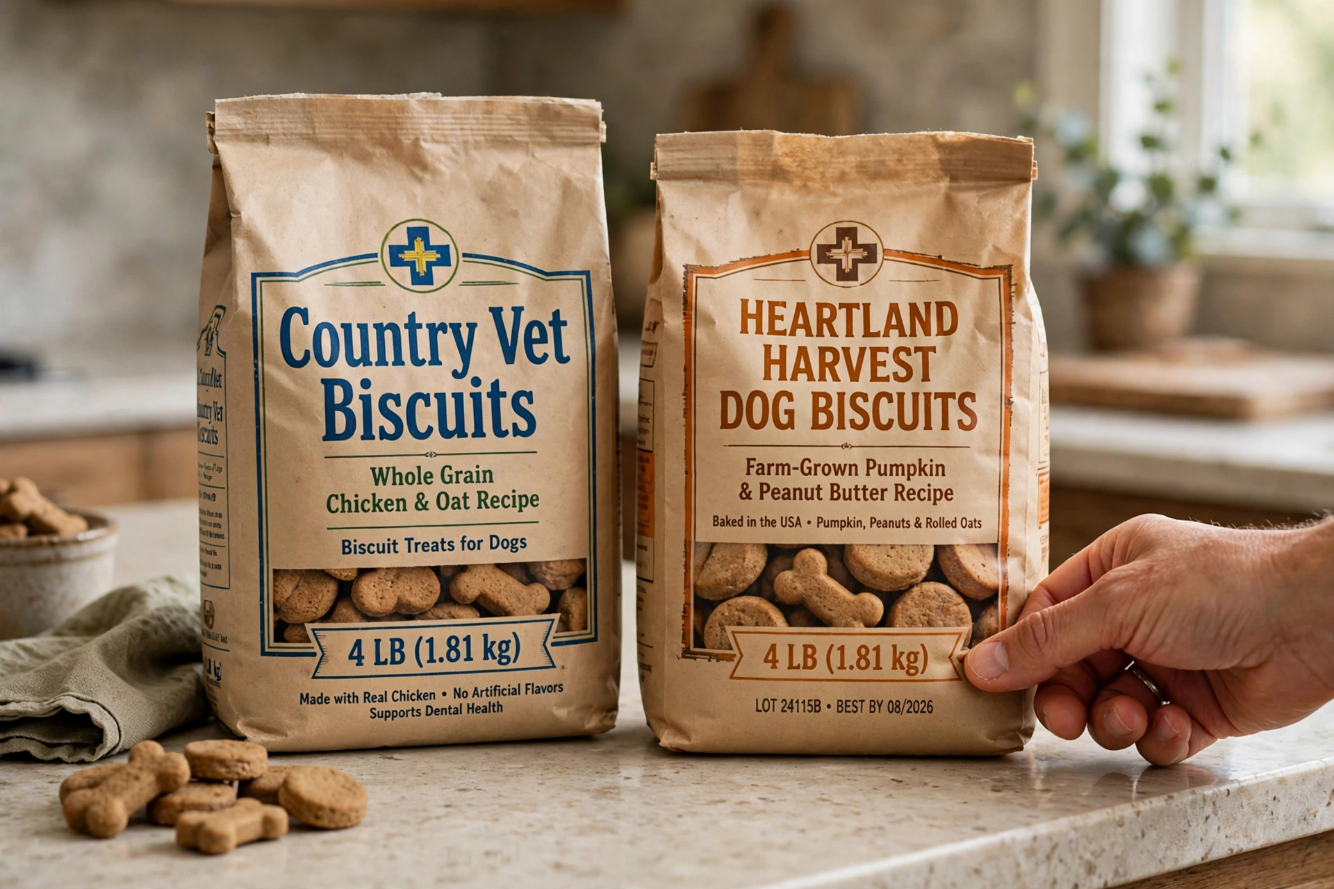 Two 4-pound bags of dog biscuits on a kitchen counter with a hand checking the lot code printed on the bag