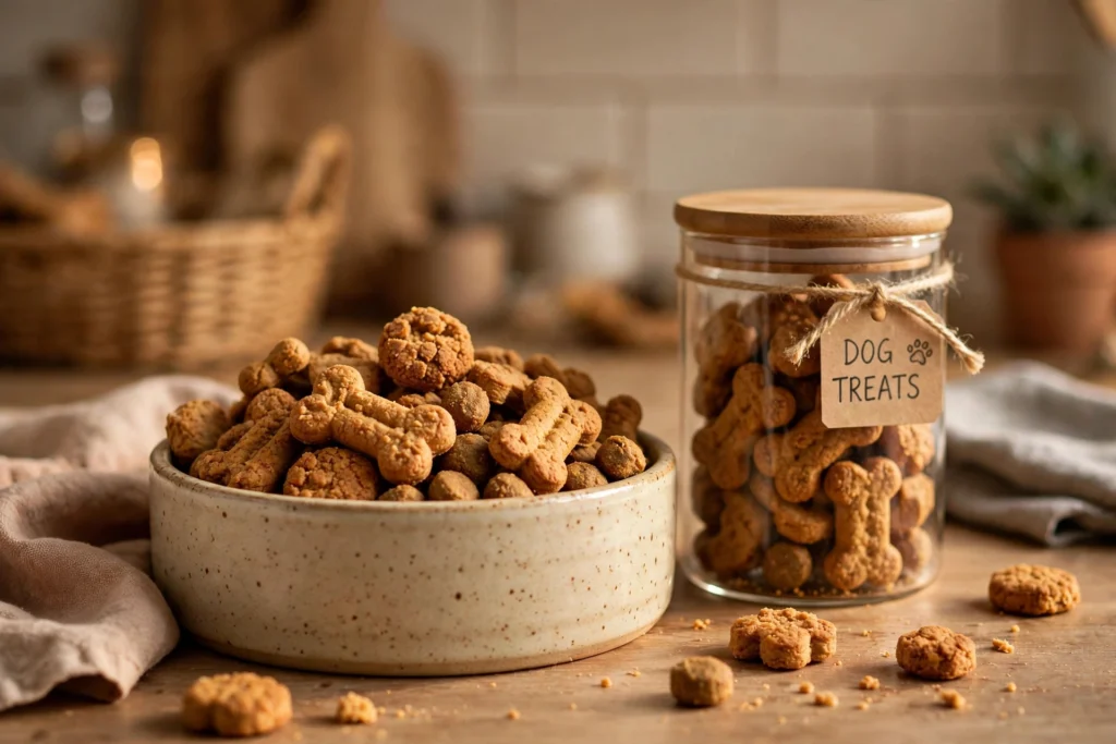 Crunchy dog biscuits in a ceramic dog bowl on a kitchen counter next to a treat jar
