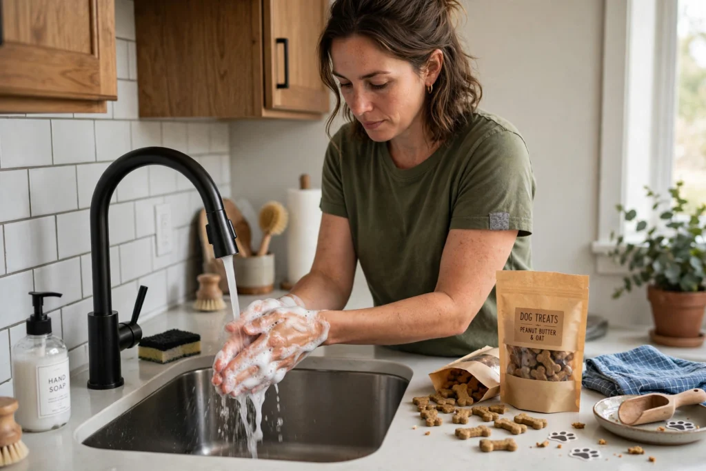 Person washing hands thoroughly with soap at a kitchen sink after handling dog treats
