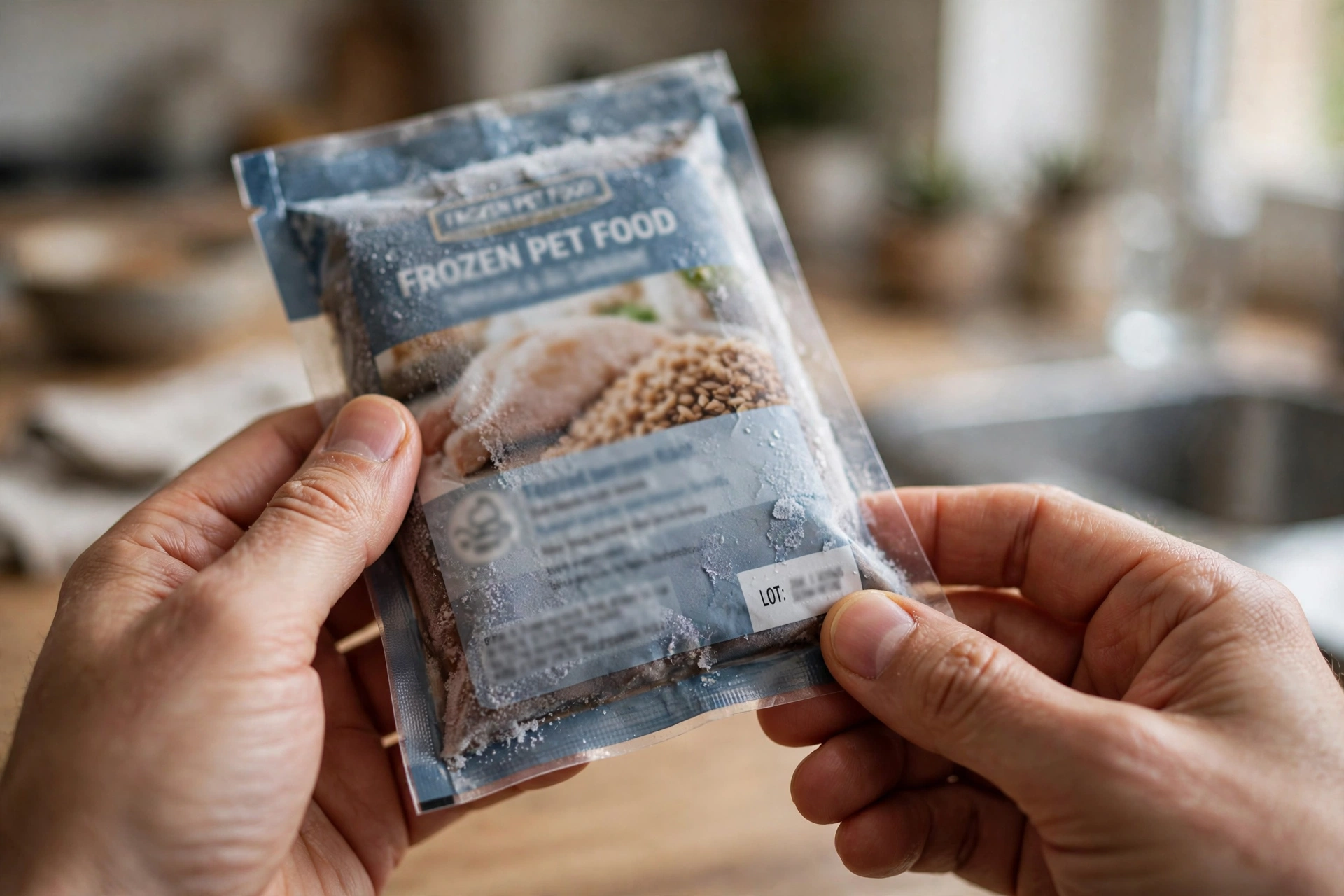 Pet owner checking the lot code printed on a package of frozen pet food