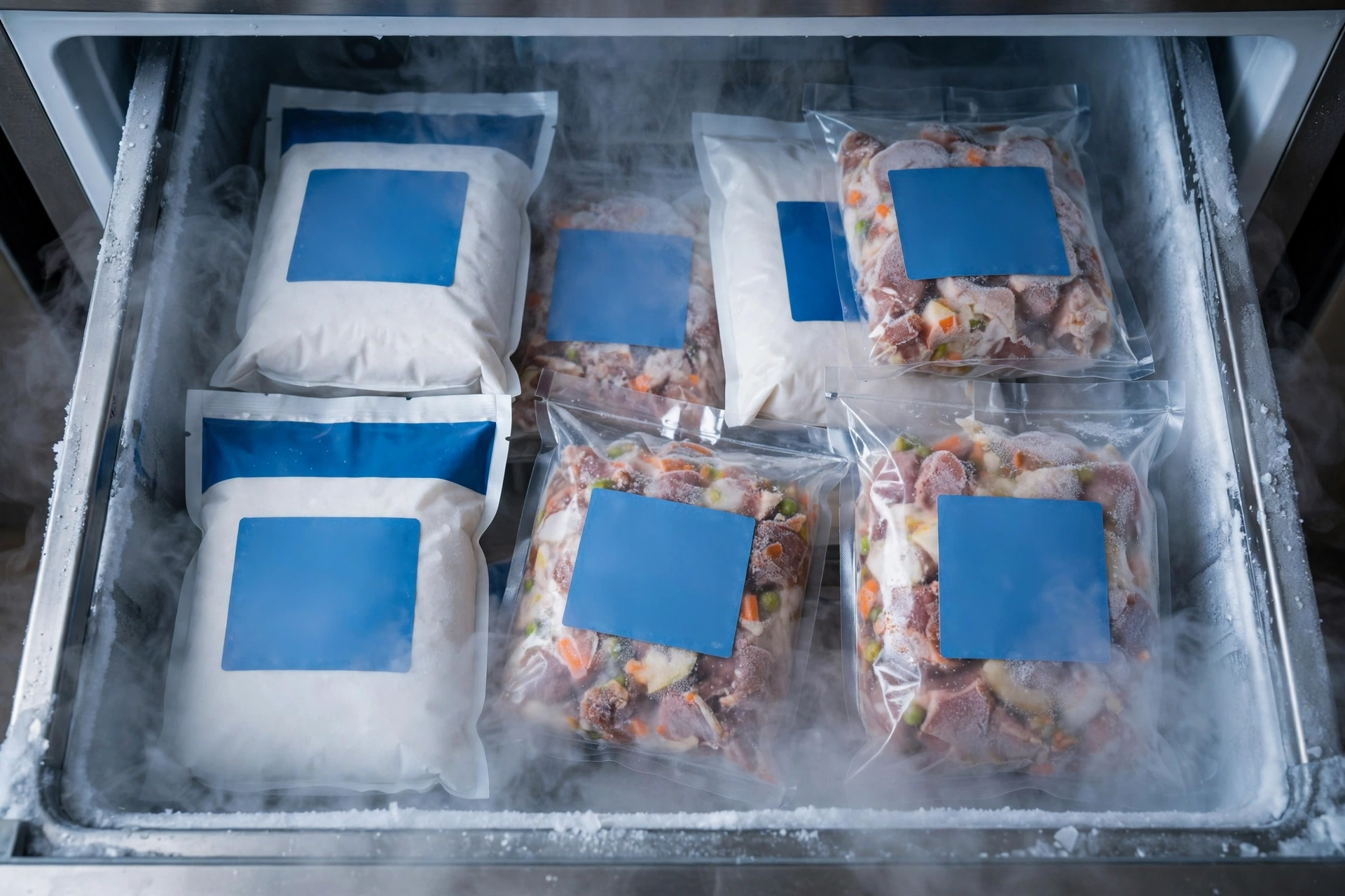 Frozen two-pound packages of raw pet food stored in a home freezer