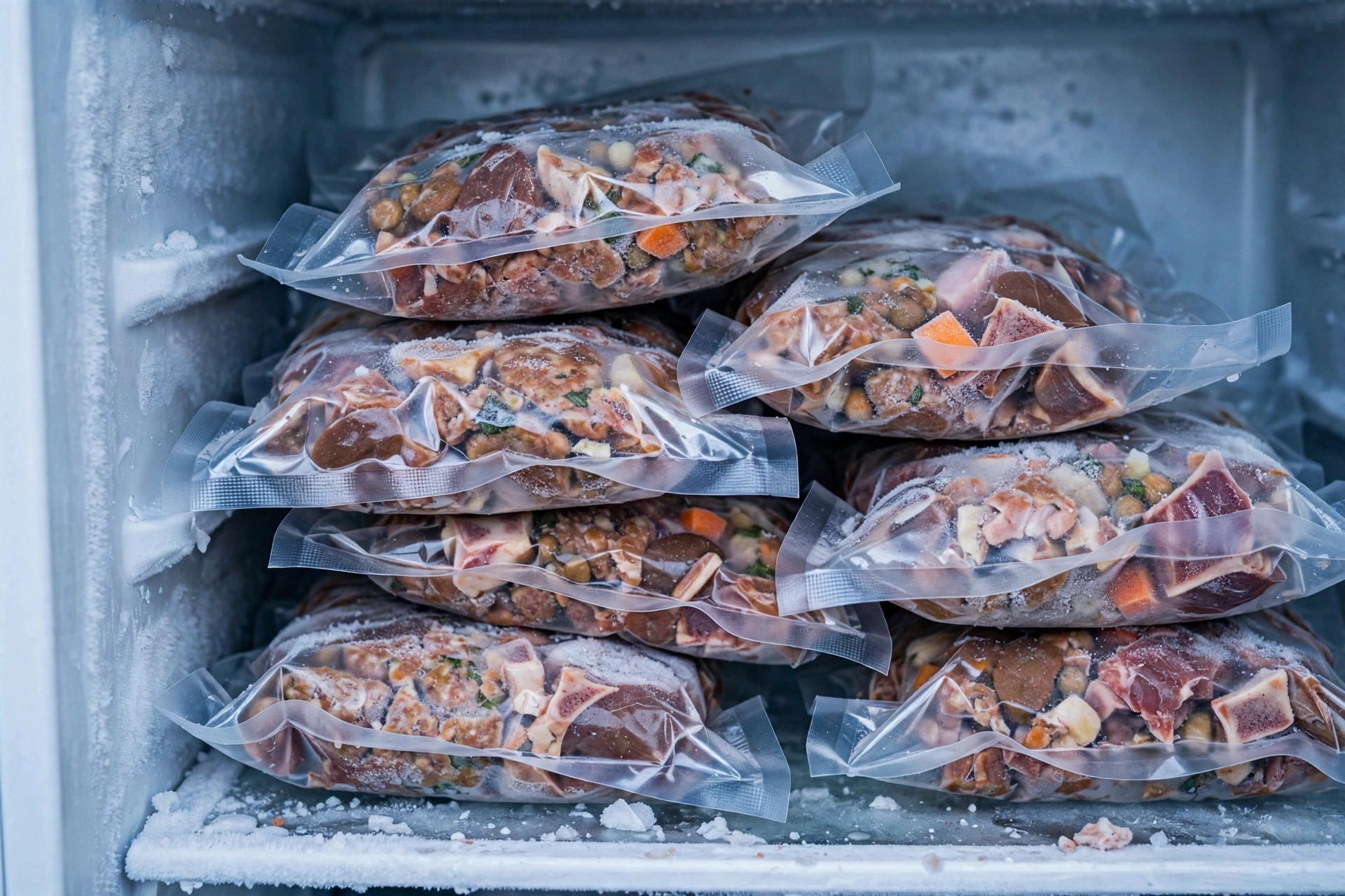 Frozen raw chicken pet food portions in clear packaging for the Darwin's pet food recall advisory