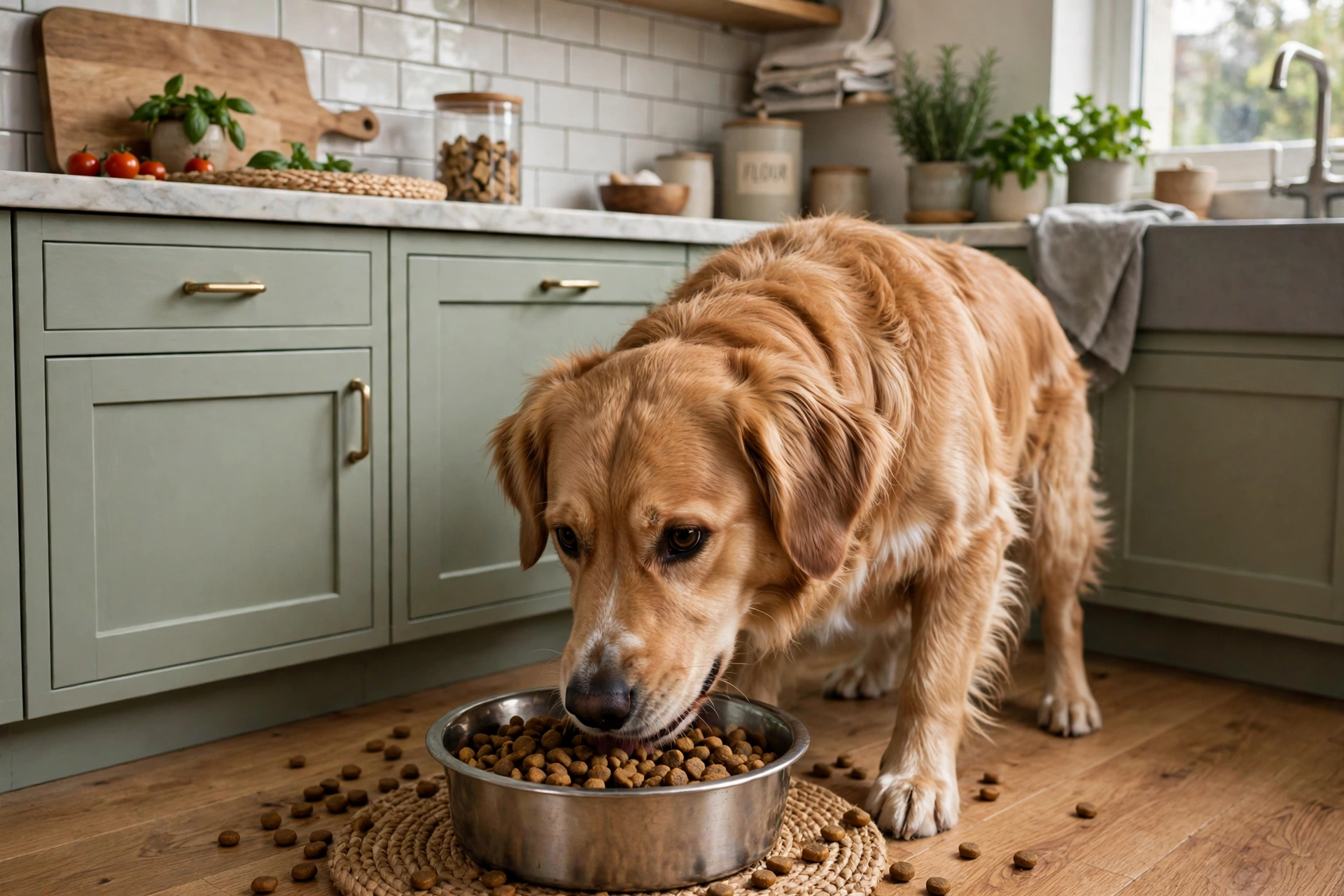 Dog eating dry kibble from a bowl in a kitchen