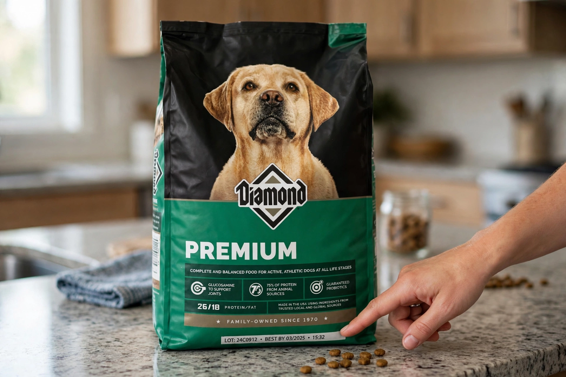 Bag of Diamond dry dog food on a kitchen counter with a hand checking the lot code on the bag
