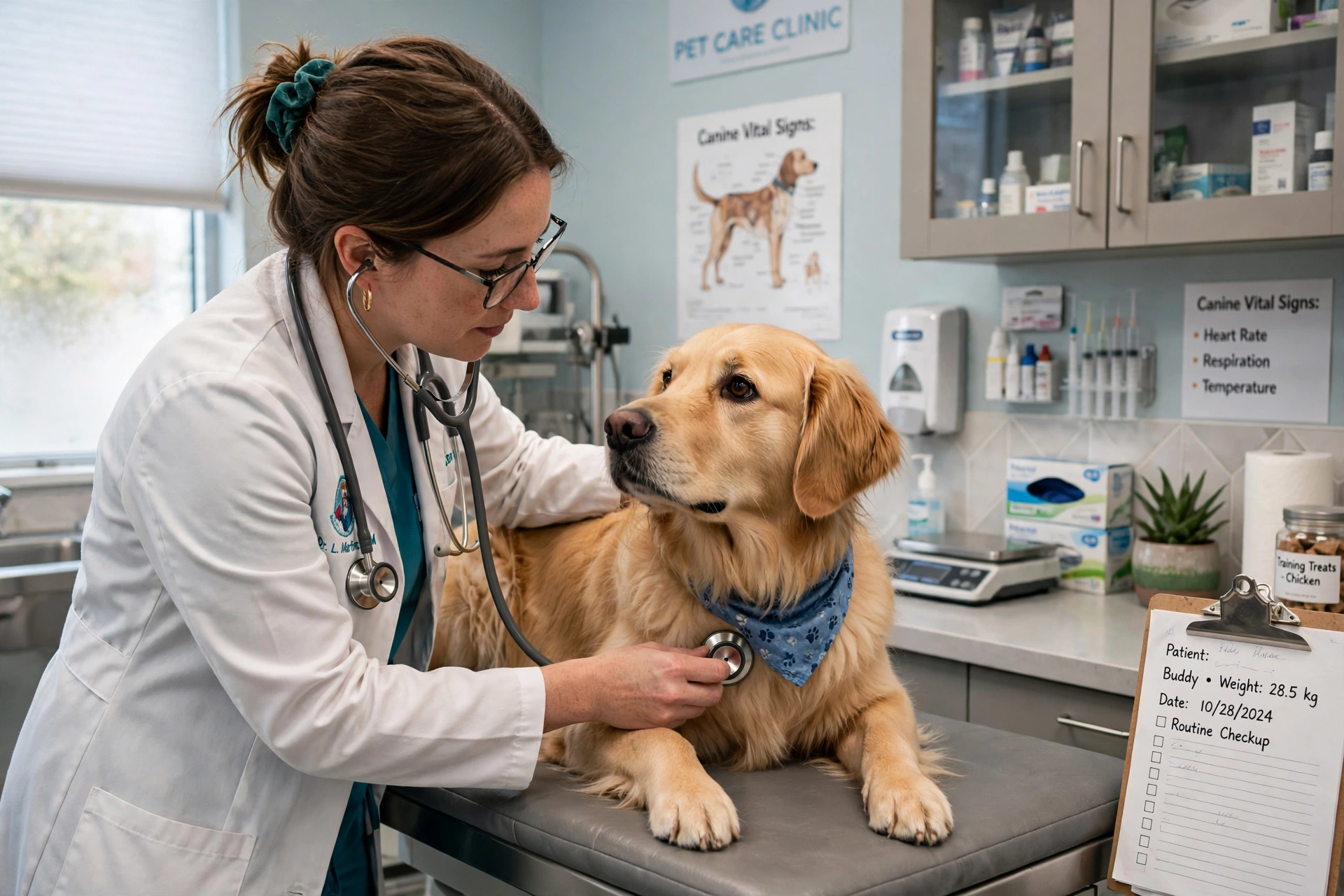 Veterinarian examining a dog during a checkup