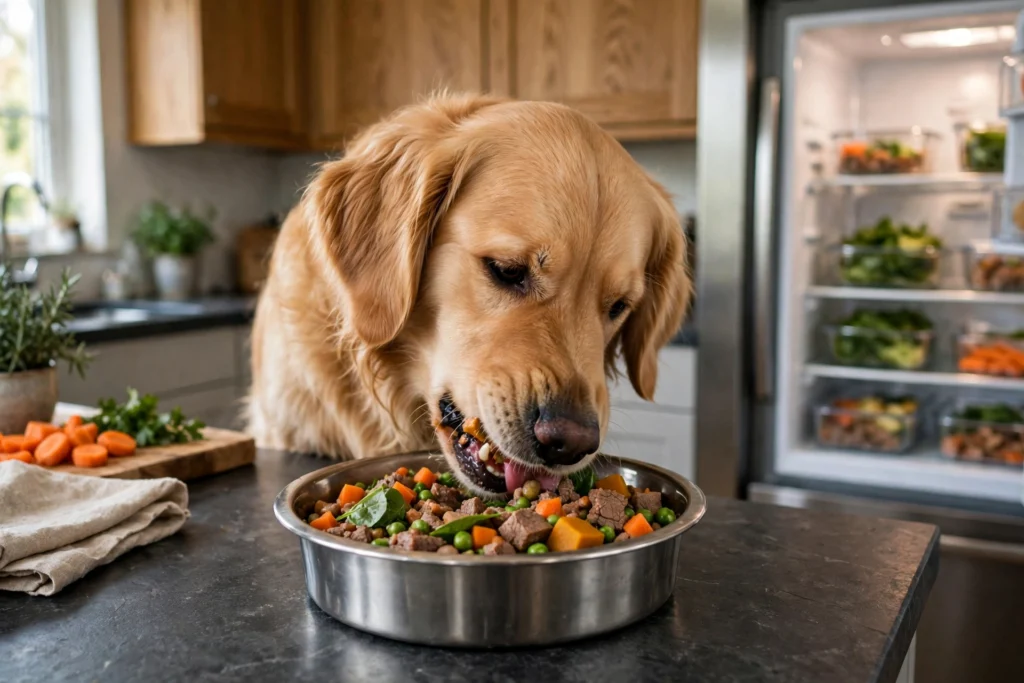 Dog eating fresh refrigerated dog food from a bowl