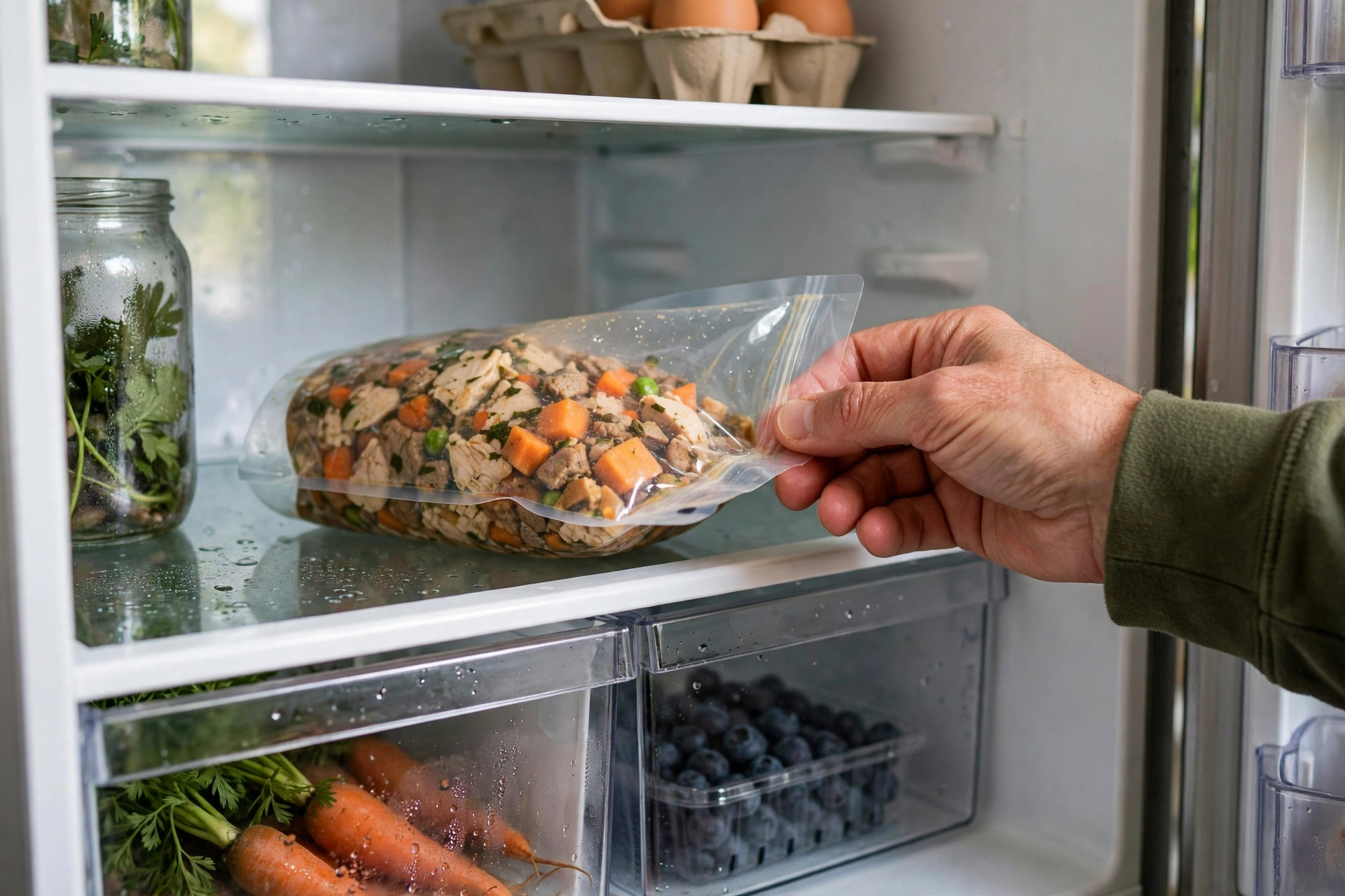 Refrigerated Freshpet dog food bag in a fridge with a hand checking the sell-by date