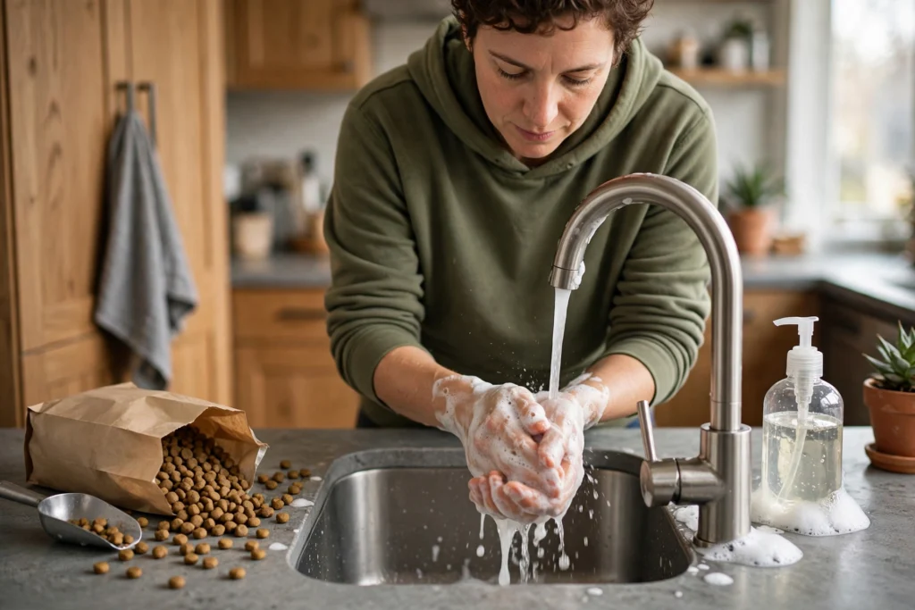 Person washing hands with soap at a kitchen sink after handling dog food
