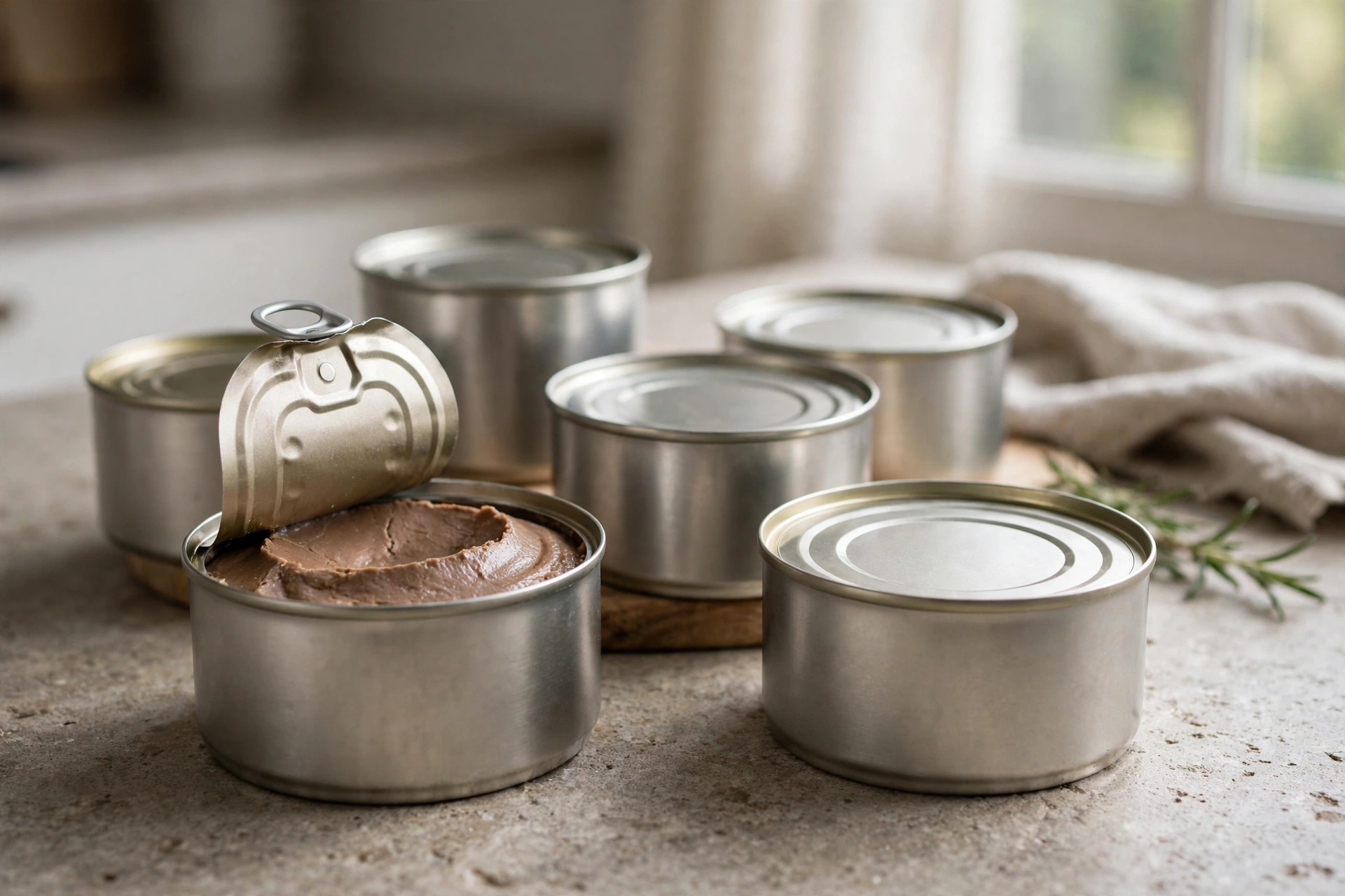 Canned wet dog food pâté cans on a kitchen counter, one open showing pâté