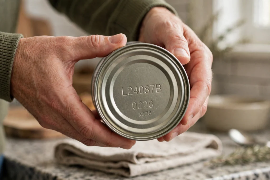 Pet owner checking the lot code and best-by date stamped on the bottom of a dog food can
