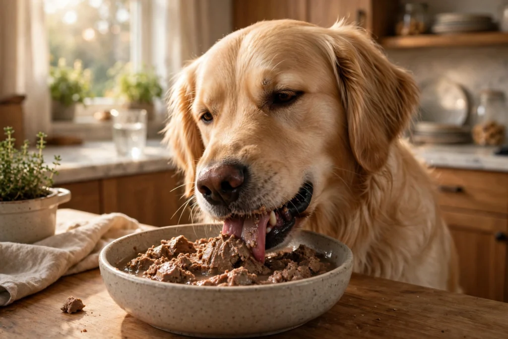 Dog eating wet pâté food from a bowl in a home kitchen