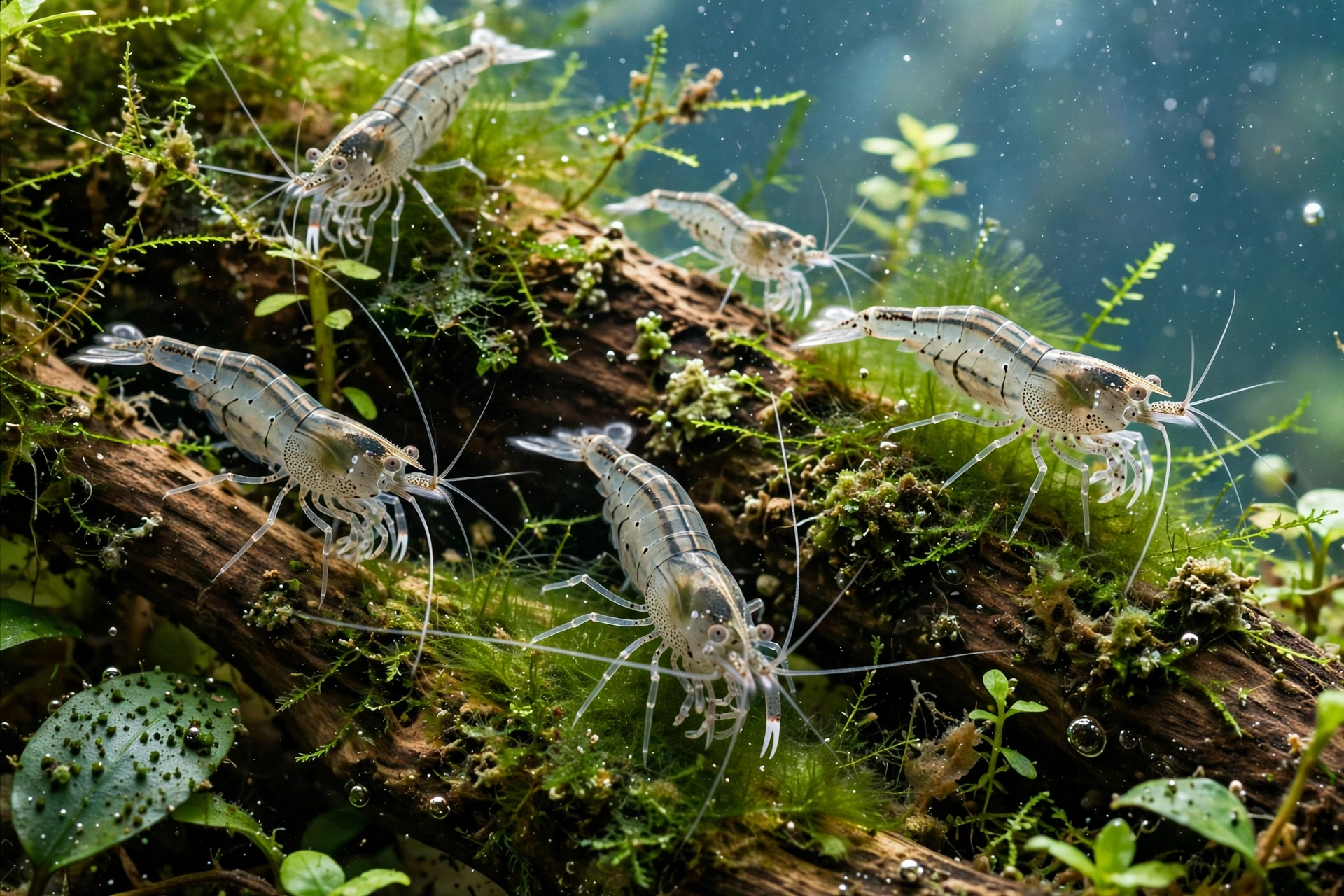 Amano shrimp grazing on algae in planted tank