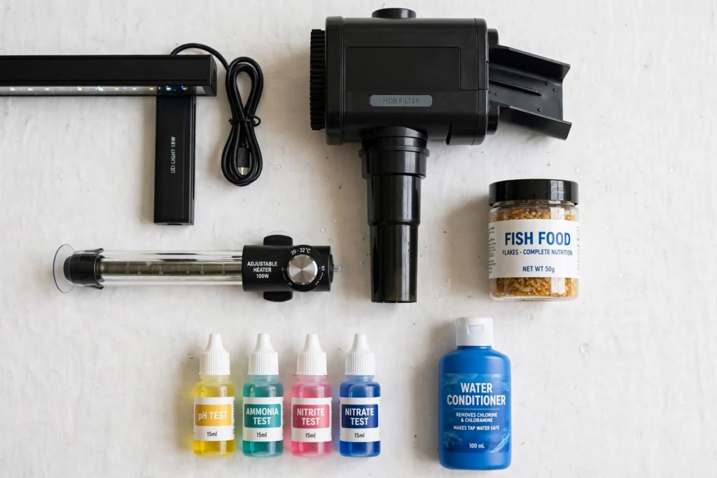 Beginner aquarium starter equipment arranged neatly