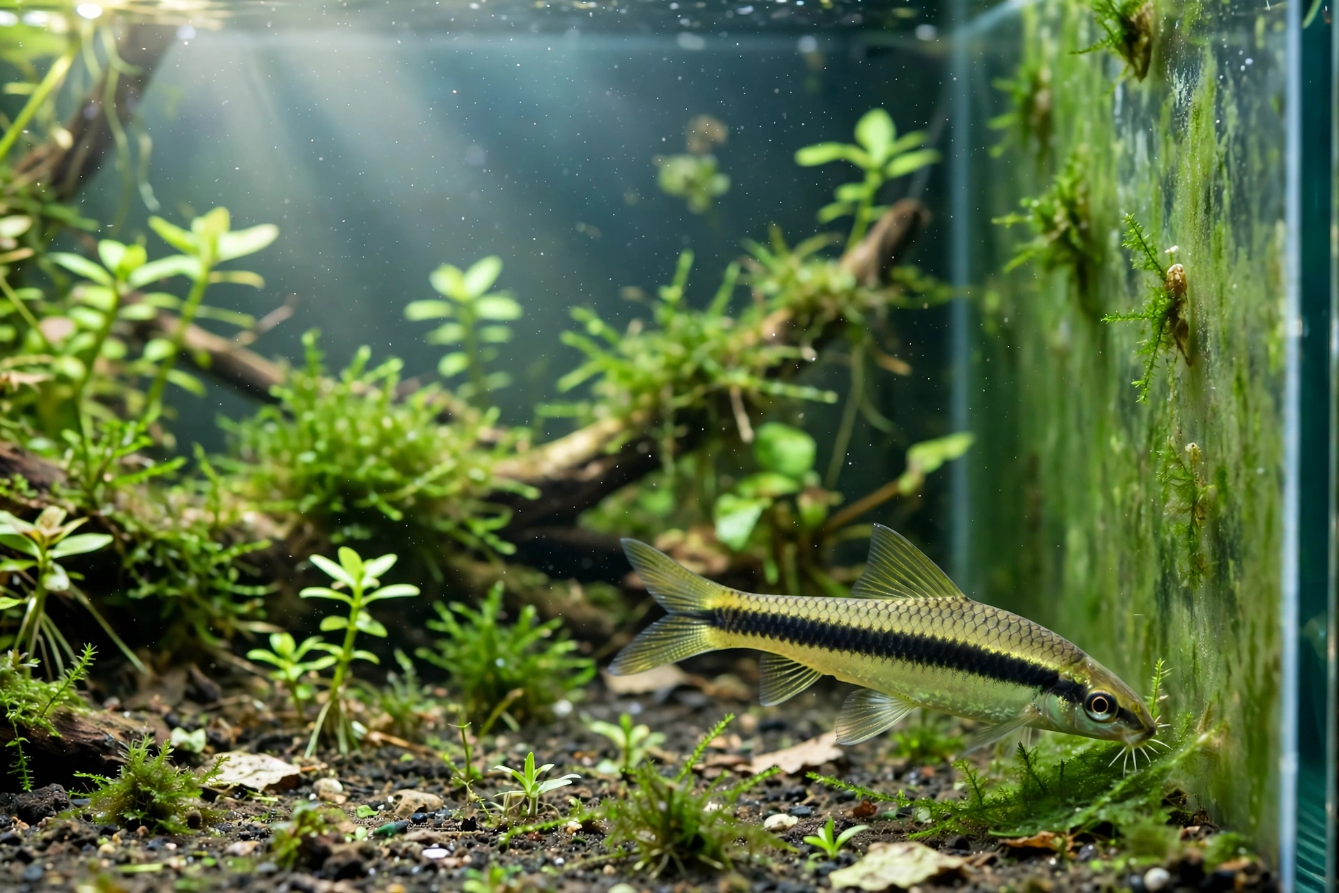 Siamese algae eater grazing in a planted aquarium