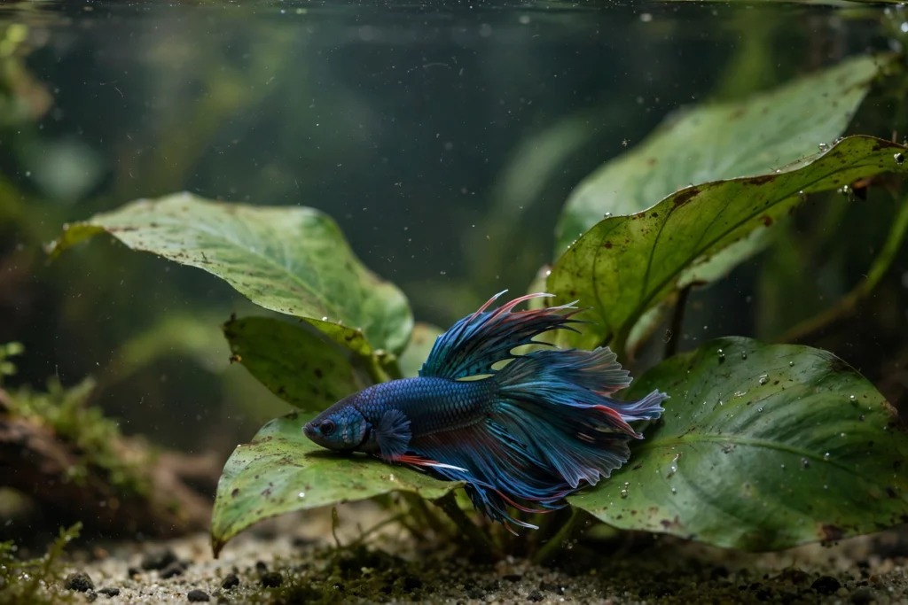Betta fish resting calmly in still aquarium water