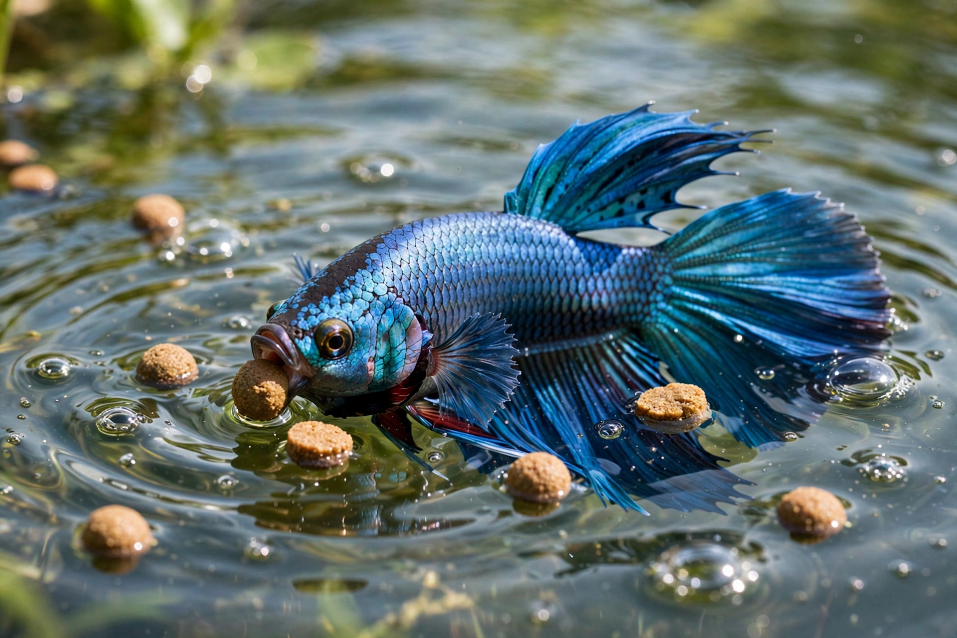 How often to feed betta fish — betta eating pellets at surface