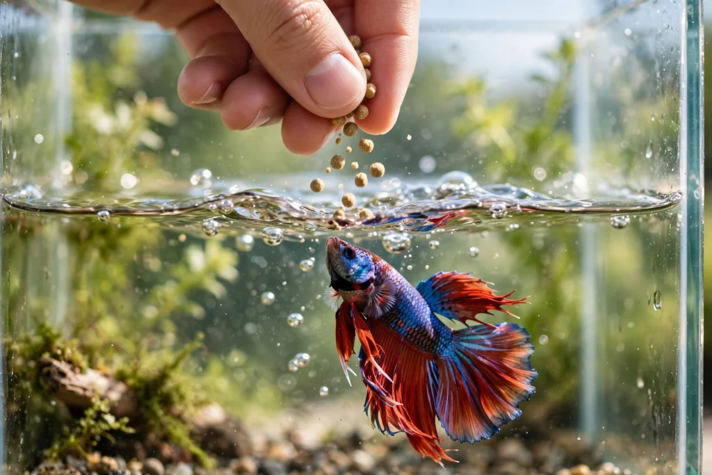 Feeding a betta fish pellets by hand