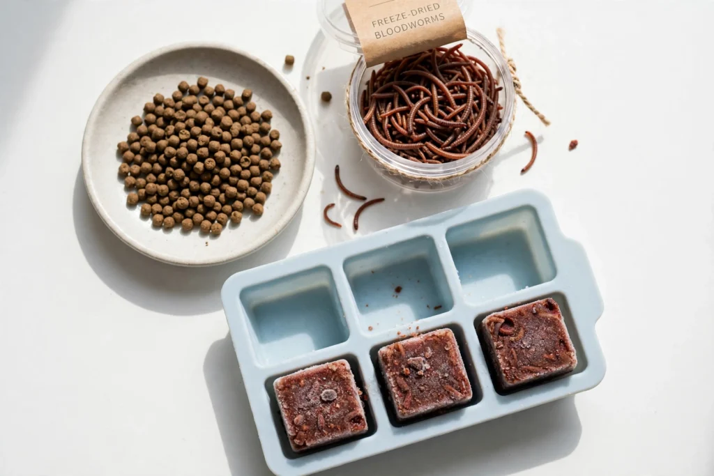 Betta fish food variety: pellets, bloodworms and frozen foods