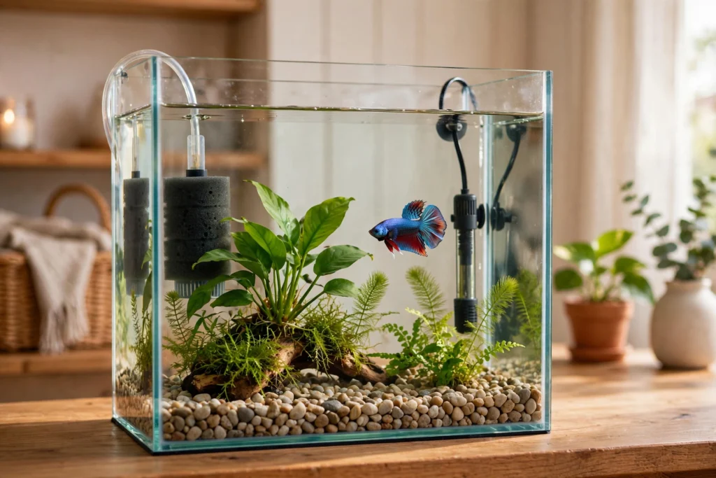Clean 5-gallon betta fish tank setup with heater and filter