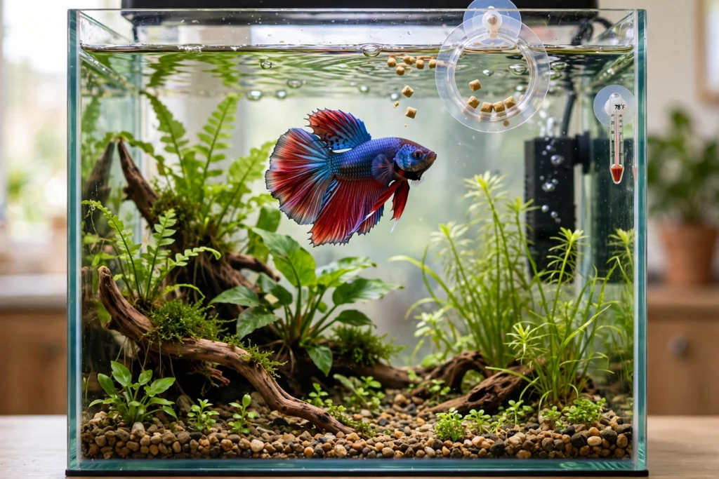 Healthy betta fish on a proper feeding schedule