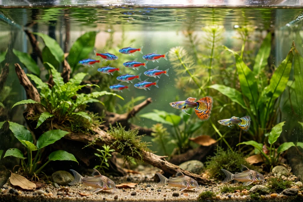 Beginner community fish: tetras, guppies and corydoras
