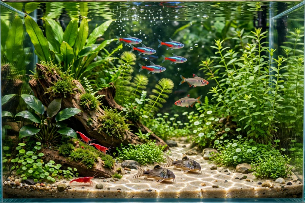 Crystal clear healthy aquarium after fixing cloudy water