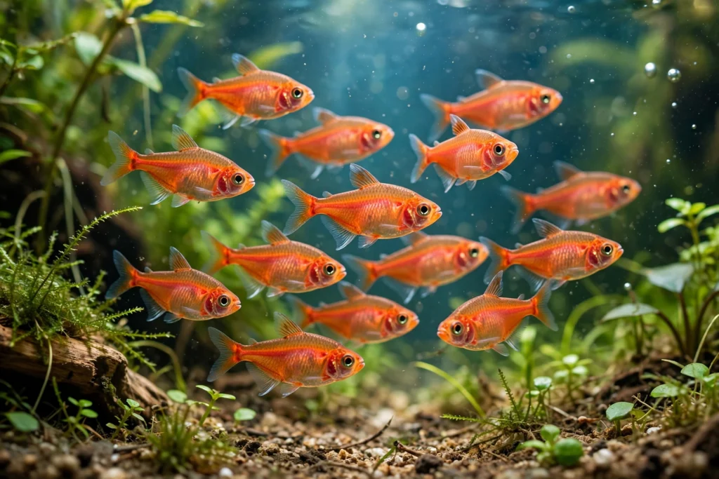 School of ember tetras in a nano fish tank