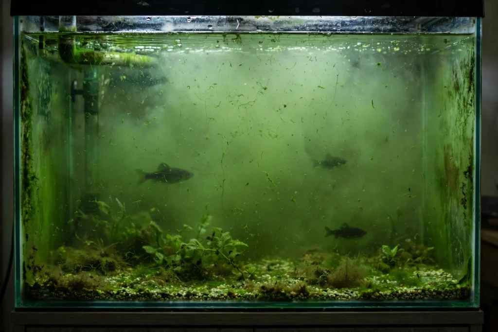 Green algae bloom causing cloudy green fish tank water