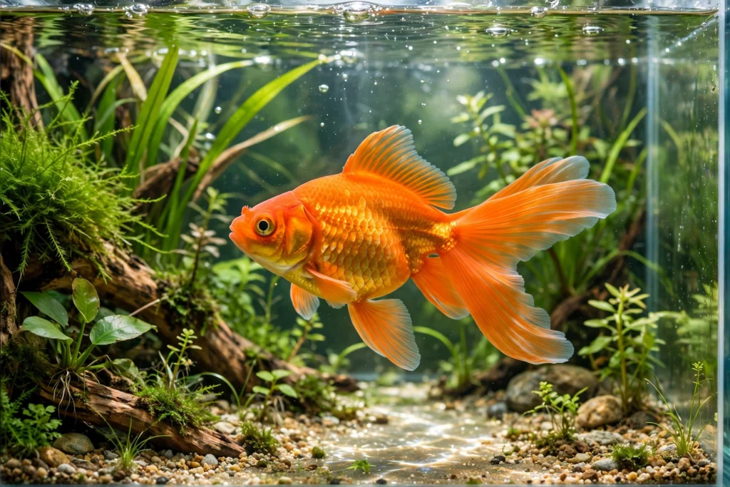 Healthy vibrant fantail goldfish in clean aquarium