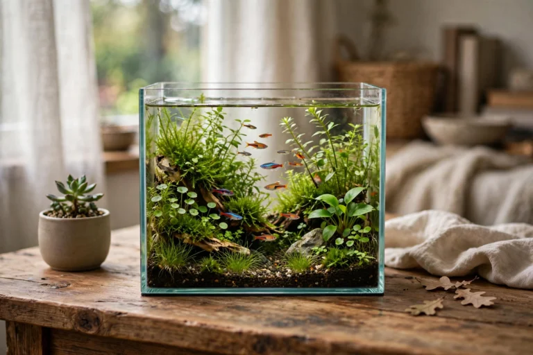 Nano fish tank with plants on a desk