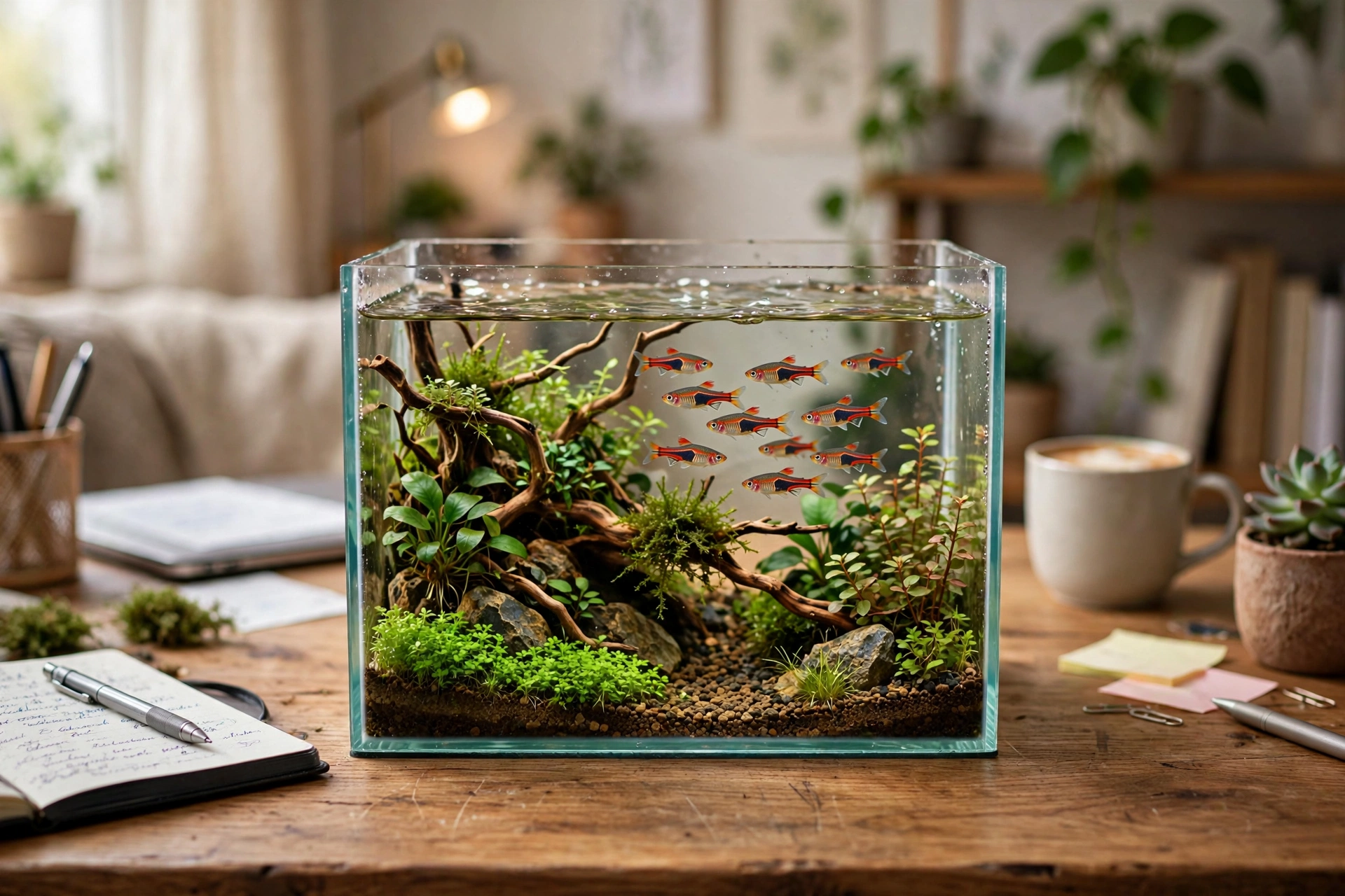Nano fish tank guide — small planted aquarium on desk