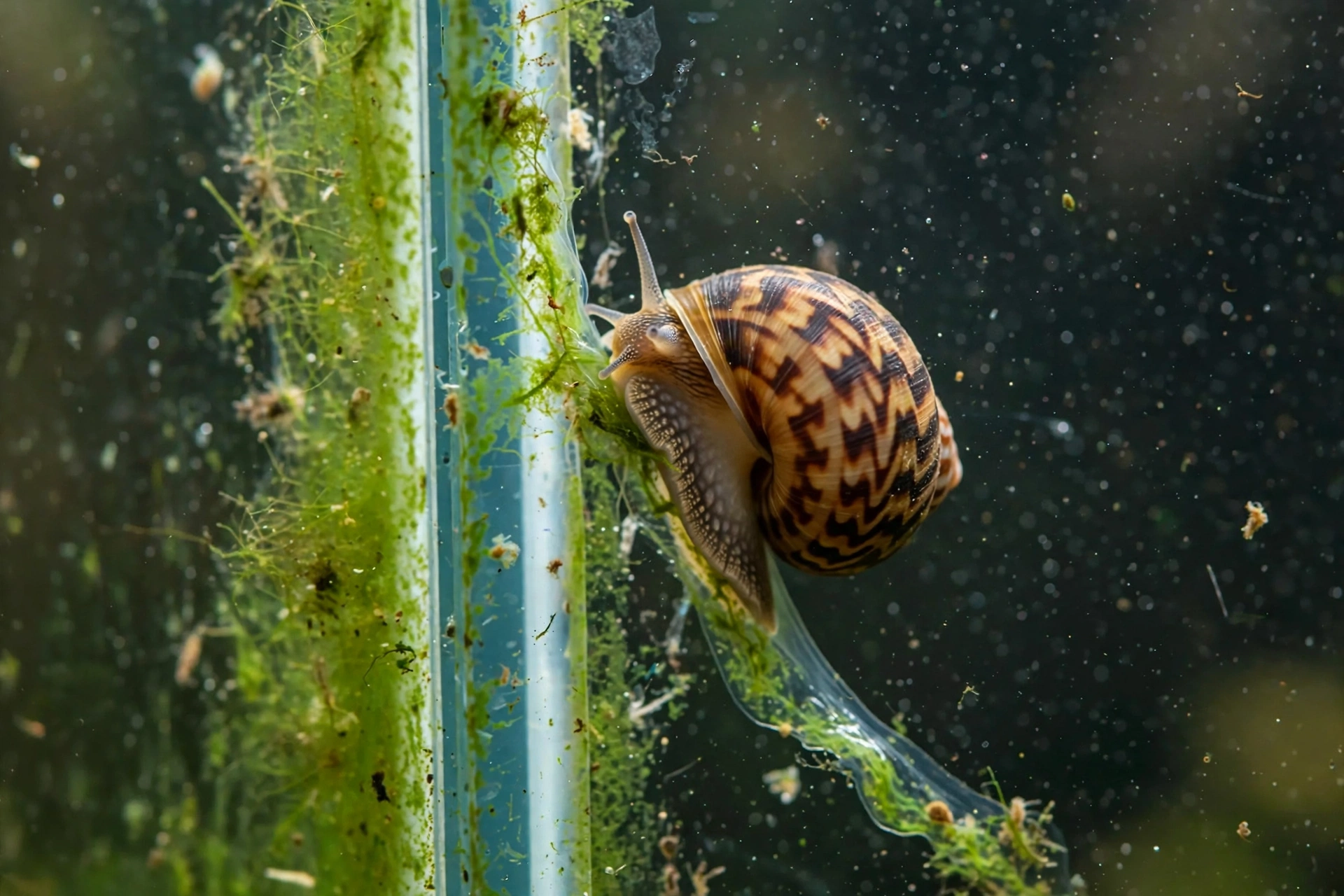 Nerite snail eating algae on aquarium glass