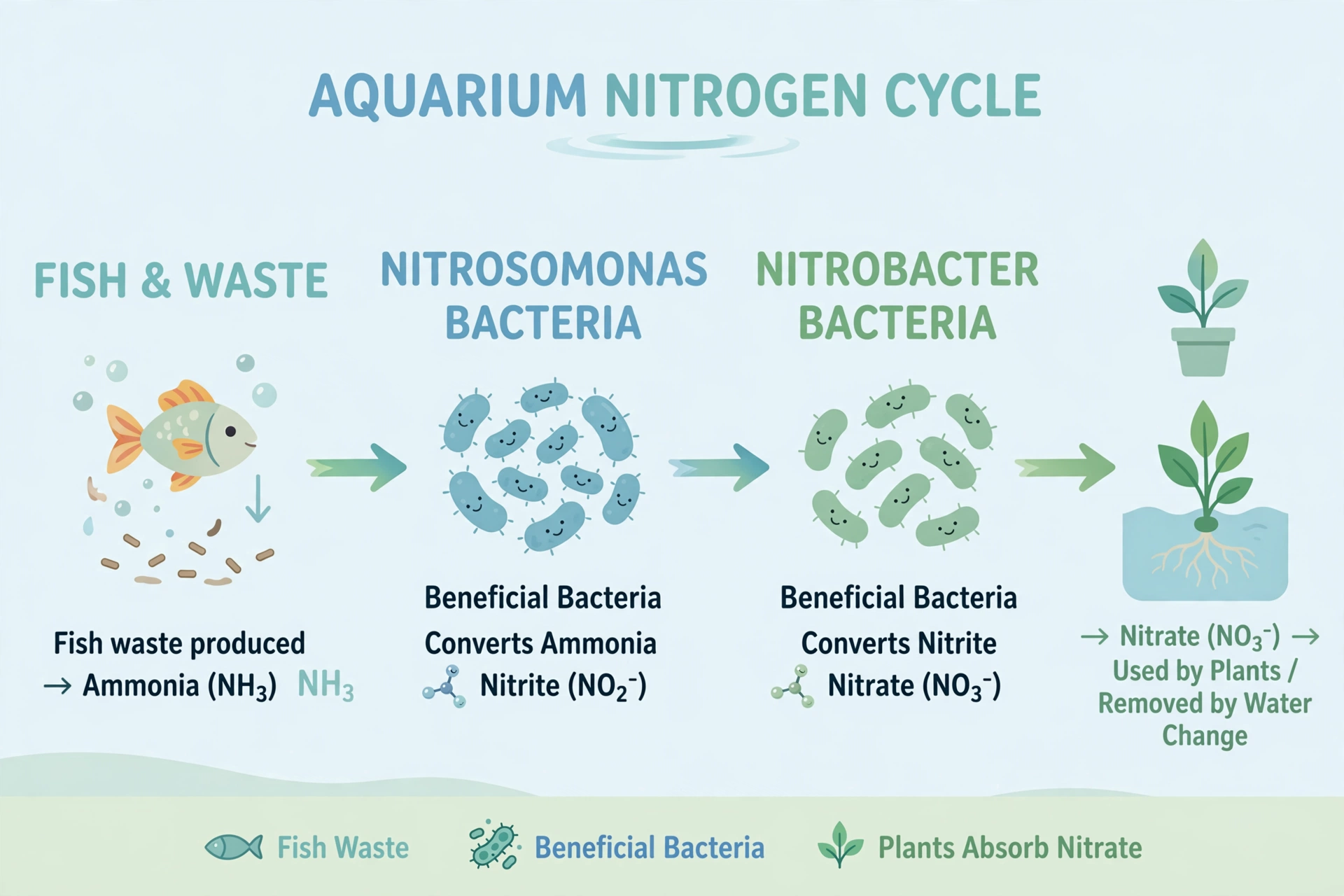 Aquarium nitrogen cycle diagram: ammonia to nitrite to nitrate