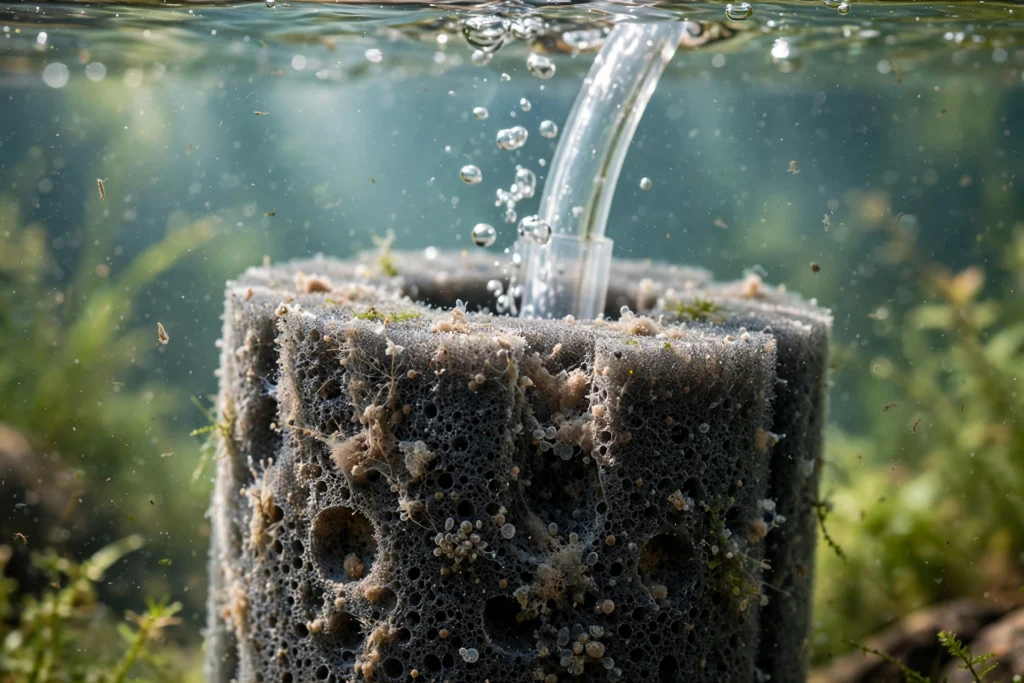 Sponge filter close-up with gentle bubbles in aquarium