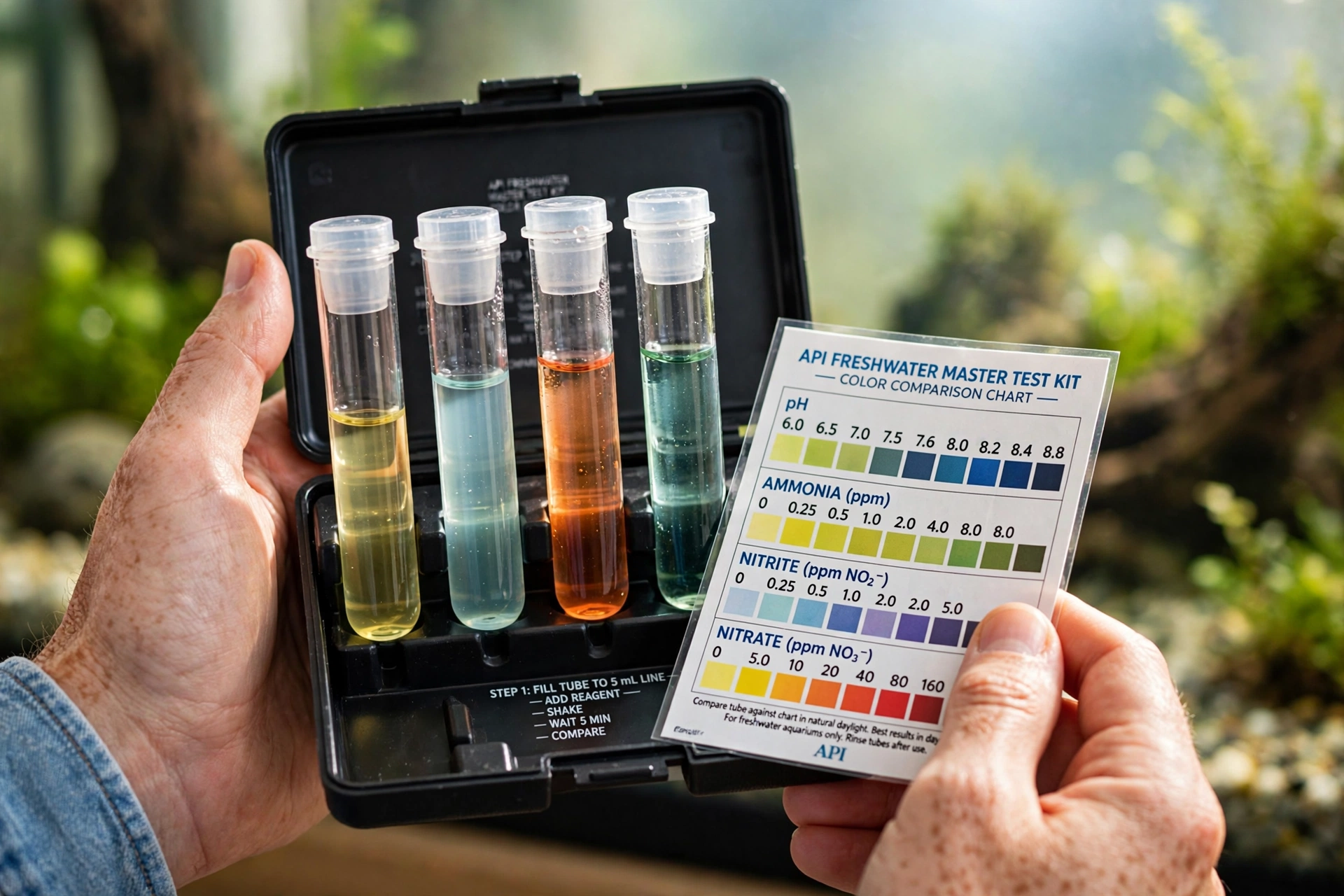 Testing aquarium water with a liquid test kit while cycling a fish tank