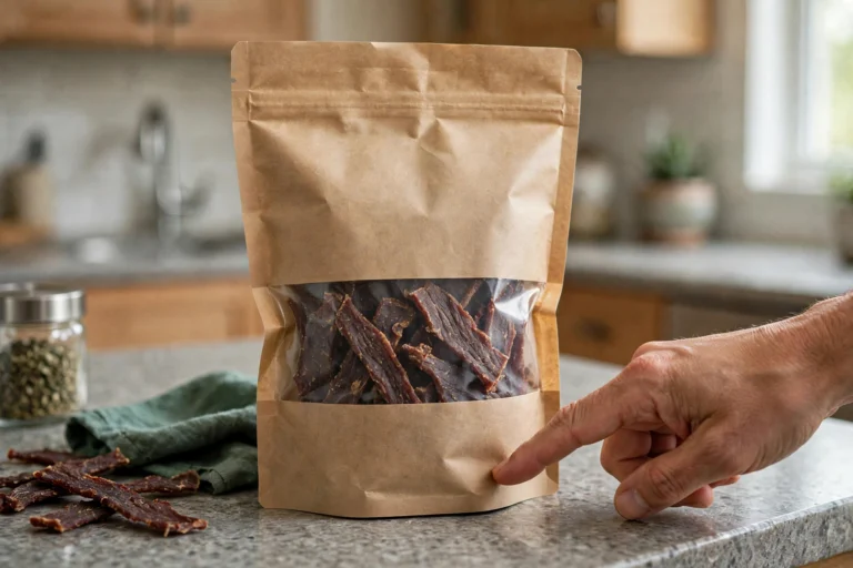 Bag of Merrick Backcountry beef dog treats on a kitchen counter with a hand checking the lot code