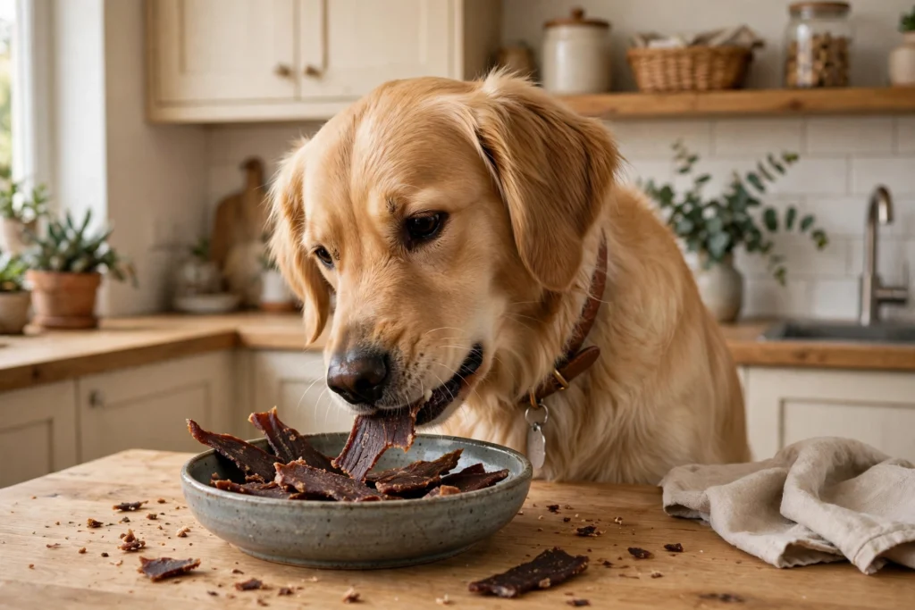 Dog eating a beef jerky treat from a bowl in a kitchen