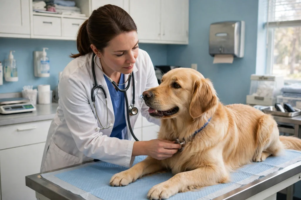 Veterinarian examining a dog during a checkup