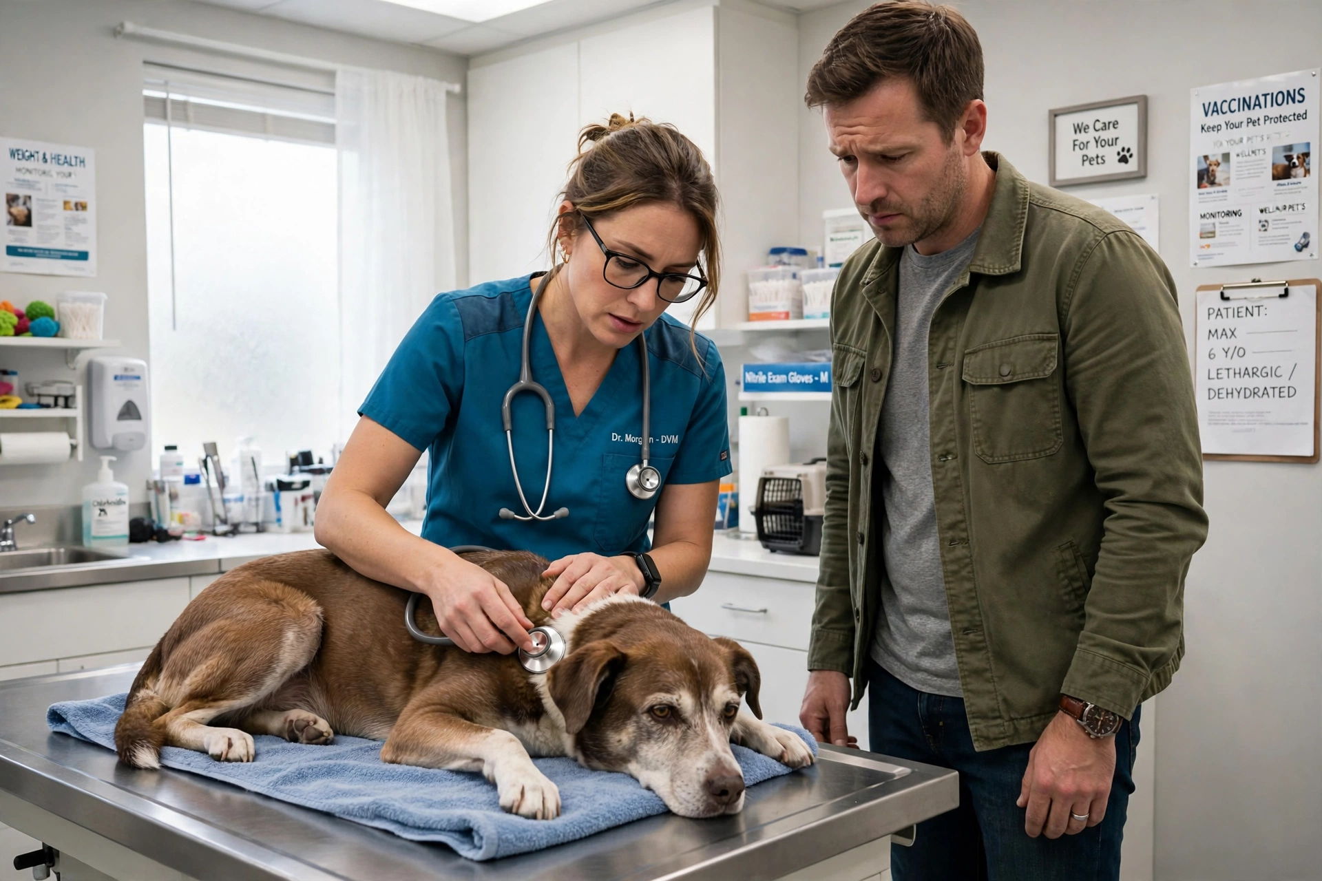Dog being examined by a veterinarian for symptoms of Salmonella infection