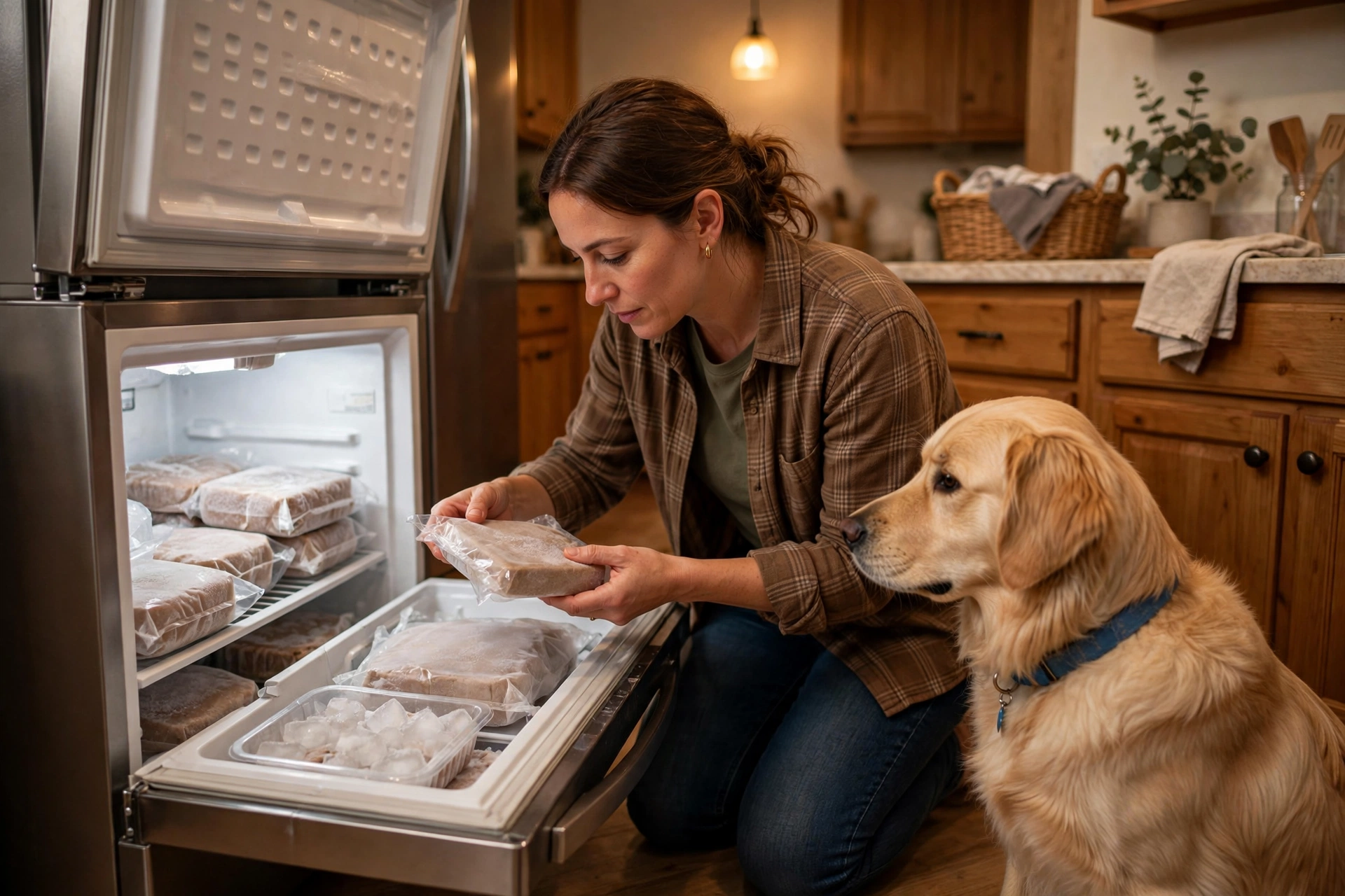 Dog owner checking frozen pet food packages in a home freezer
