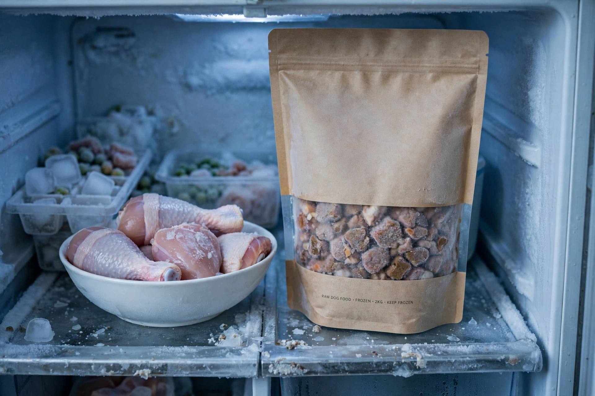 Frozen raw dog food pouch in a freezer for the Oma's Pride dog food recall