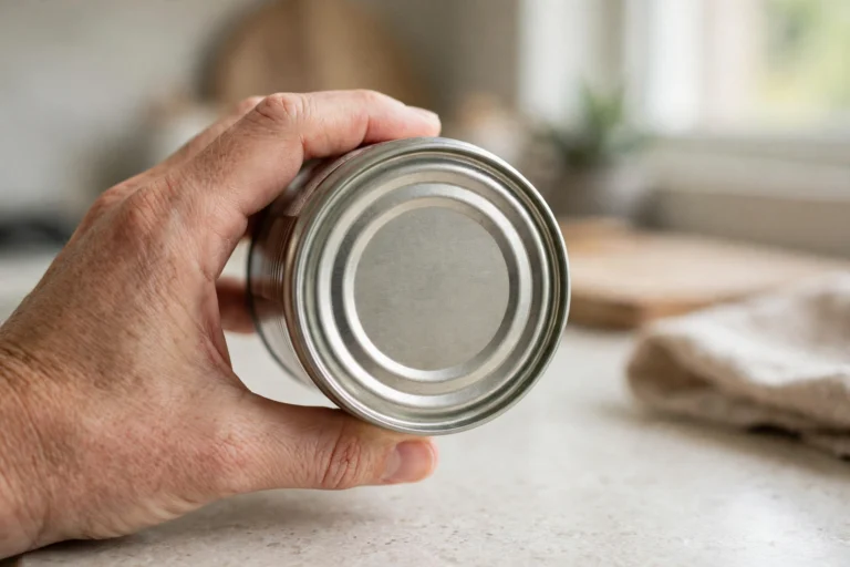 Canned Pedigree High Protein dog food with a hand checking the lot code on the bottom of the can