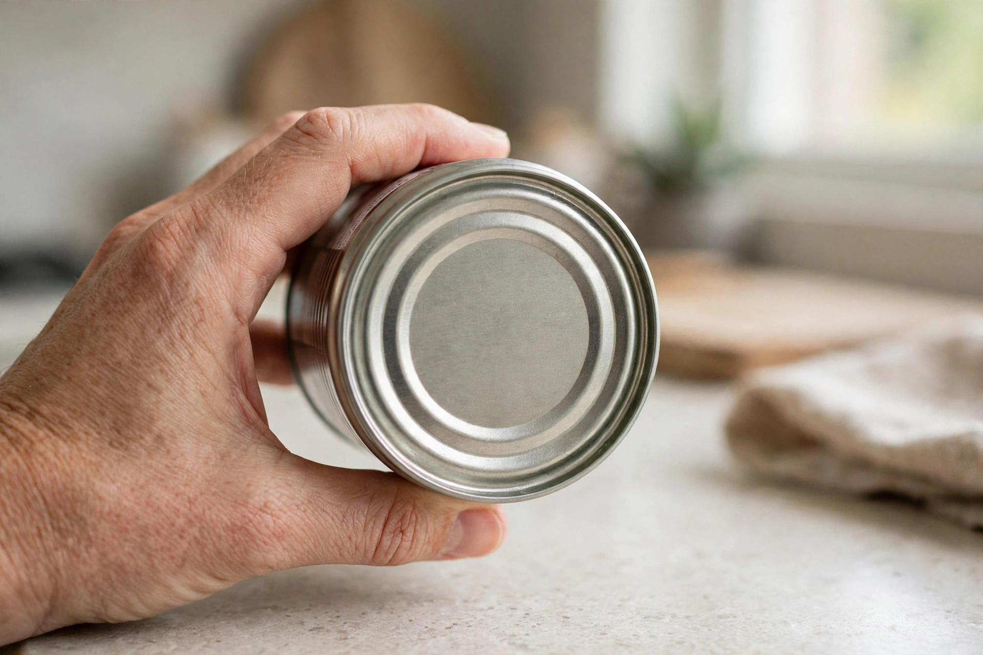 Canned Pedigree High Protein dog food with a hand checking the lot code on the bottom of the can