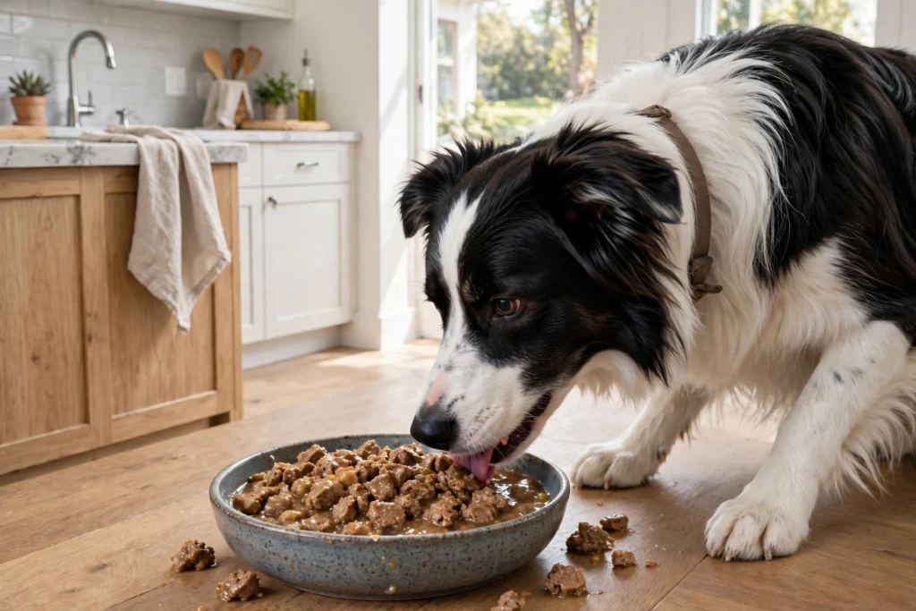 Dog eating wet canned dog food from a bowl in a kitchen