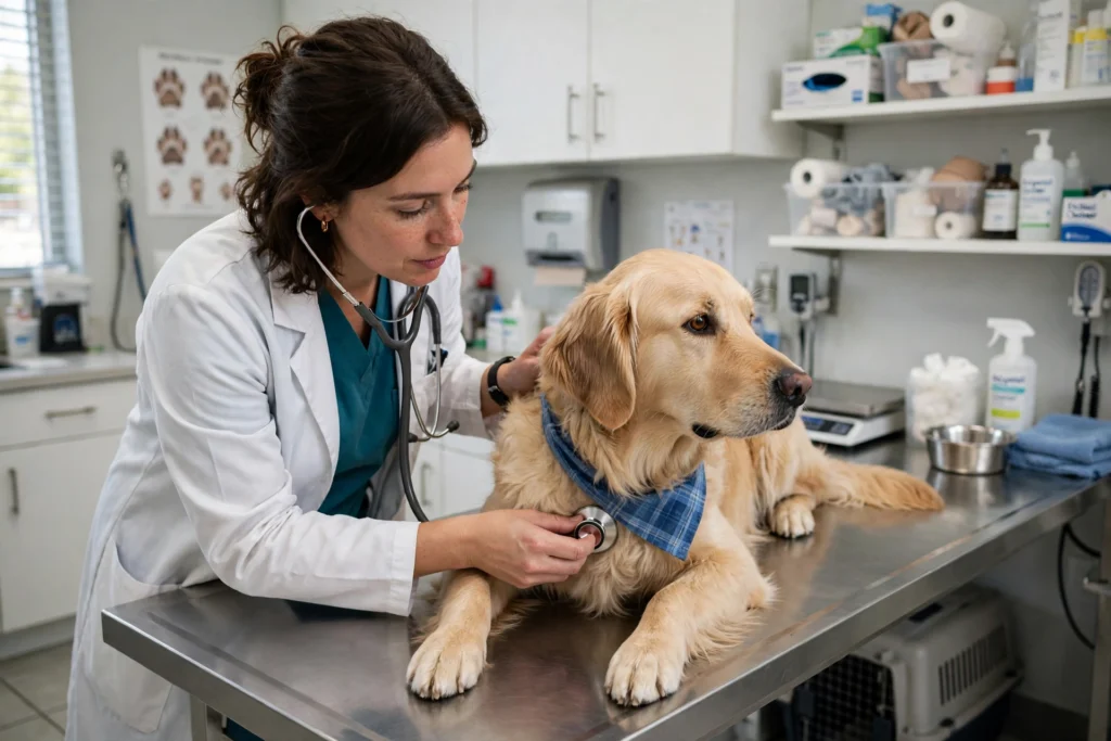 Veterinarian examining a dog during a checkup after a possible foreign material ingestion